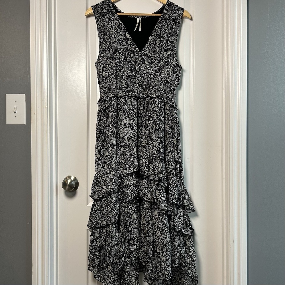 Anthropologie Black & White Floral Tiered Ruffle Dress Dark Coquette Boho Style